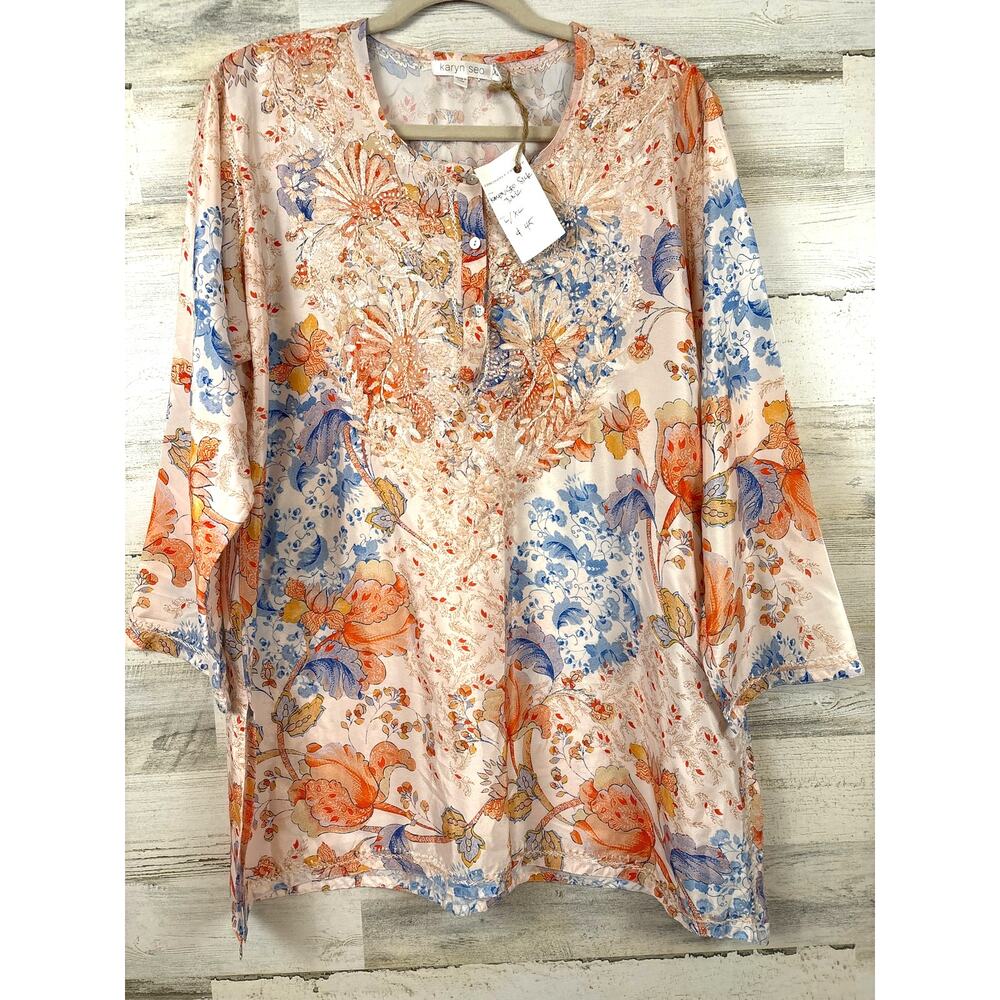 Karyn Seo Womens L XL Multi Floral Silk Blouse 3/4 Sleeve Lightweight NWT